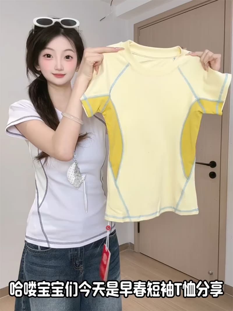 경관 그림 빛 에디션 10개 올린 사람 : 가져 가라. 조수 브랜드 반팔 티셔츠 여성 여름 새로운 계절 몸매 가꾸기 배색 라운드 넥 맨위 상세 이미지 2