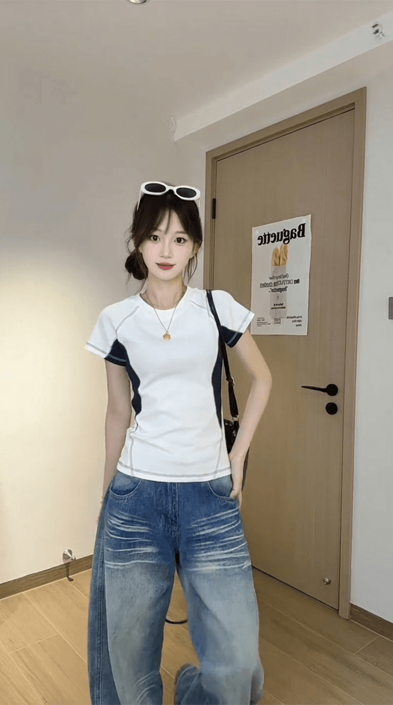 경관 그림 빛 에디션 10개 올린 사람 : 가져 가라. 조수 브랜드 반팔 티셔츠 여성 여름 새로운 계절 몸매 가꾸기 배색 라운드 넥 맨위 상세 이미지 9