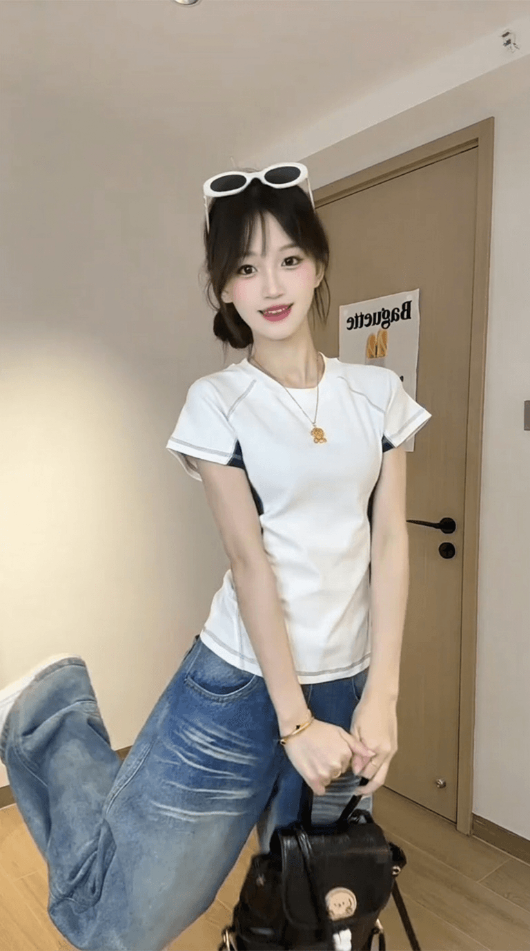 경관 그림 빛 에디션 10개 올린 사람 : 가져 가라. 조수 브랜드 반팔 티셔츠 여성 여름 새로운 계절 몸매 가꾸기 배색 라운드 넥 맨위 상세 이미지 11