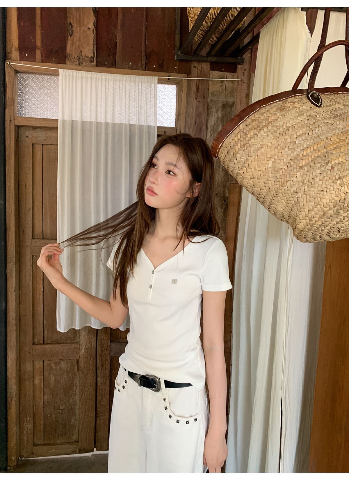 경관 그림 220 그램 물 부드러운 면 반팔 티셔츠 여성 의류 여름 새로운 몸매 가꾸기 슬림해 보이는 단추 V넥 한 첨부 된 의류 상세 이미지 25