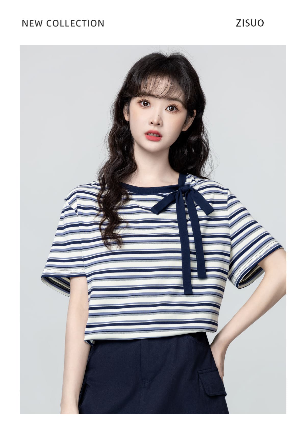 경관 그림 반팔 티셔츠 여성 의류 여름 루즈핏 한 부서 디자인 센스 아메리칸 스트라이프 스트랩 배색 비스듬한 칼라 맨위 상세 이미지 11