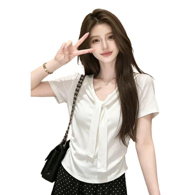 경관 그림 반팔 티셔츠 여성 의류 여름 새로운 디자인 센스 단색 허리 수축 슬림해 보이는 페이크 레이어드 숄 V넥 맨위 이미지 6