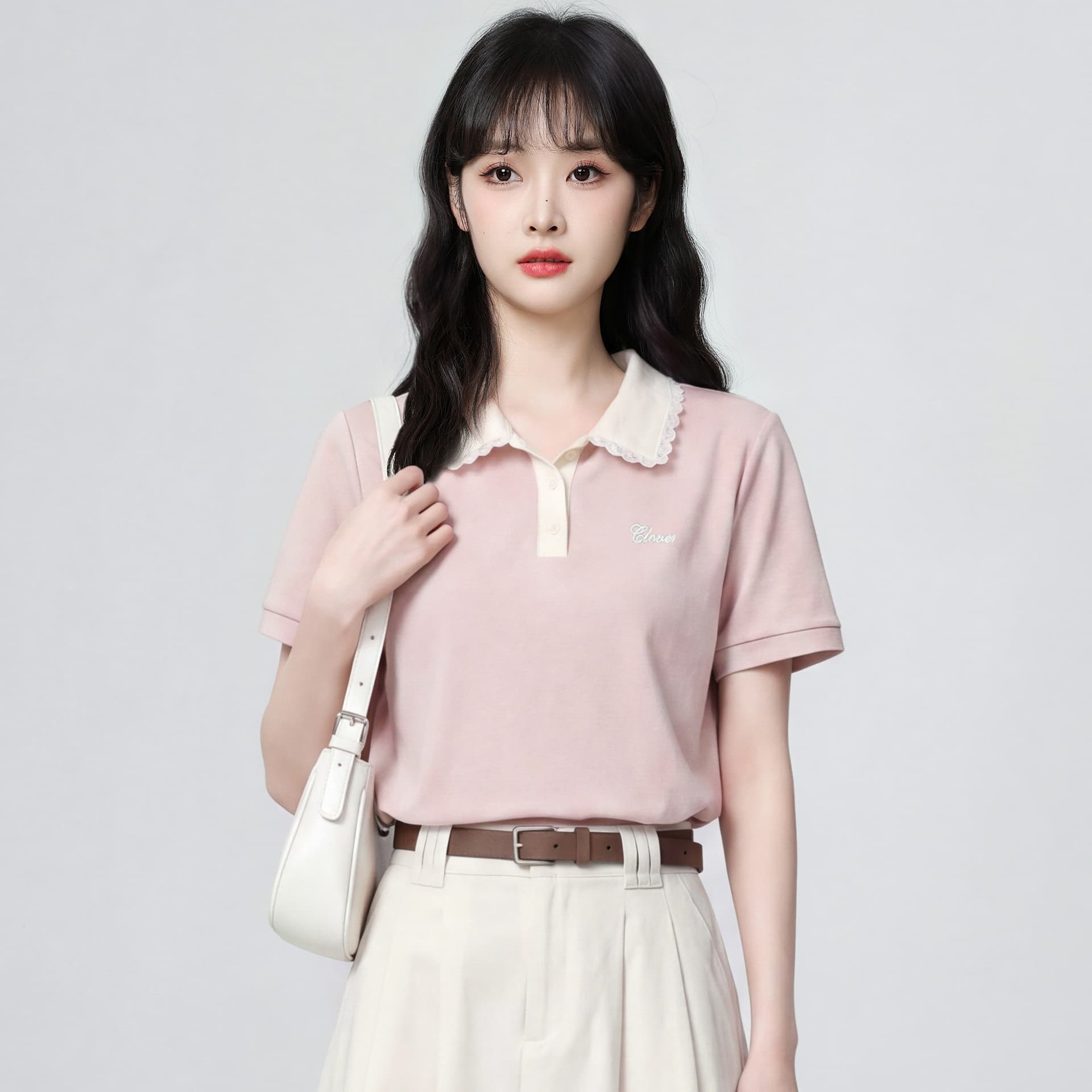 경관 그림 눈꽃 구슬 그라운드 210 그램 반팔 티셔츠 여성 의류 여름 새로운 디자인 센스 자수 POLO 칼라 맨위 이미지 2