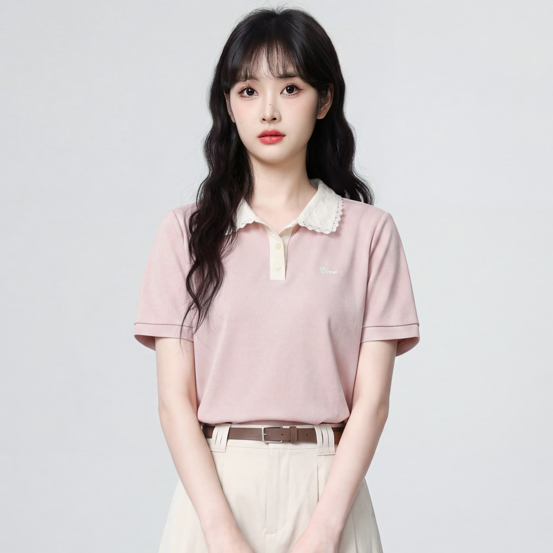 경관 그림 눈꽃 구슬 그라운드 210 그램 반팔 티셔츠 여성 의류 여름 새로운 디자인 센스 자수 POLO 칼라 맨위 상세 이미지 3