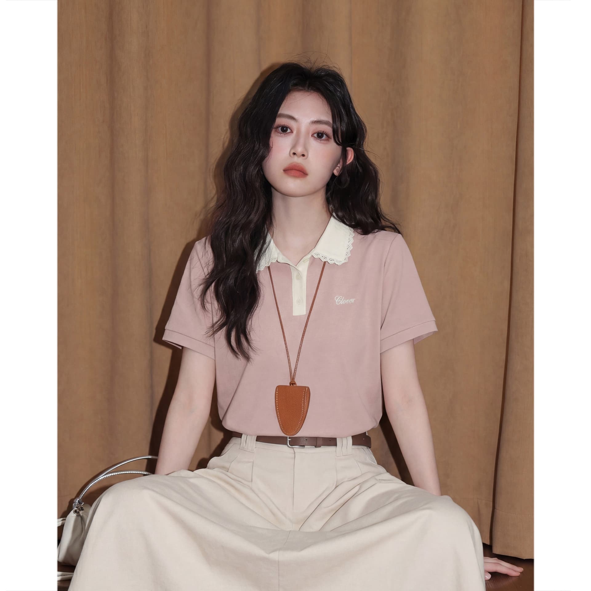 경관 그림 눈꽃 구슬 그라운드 210 그램 반팔 티셔츠 여성 의류 여름 새로운 디자인 센스 자수 POLO 칼라 맨위 상세 이미지 5