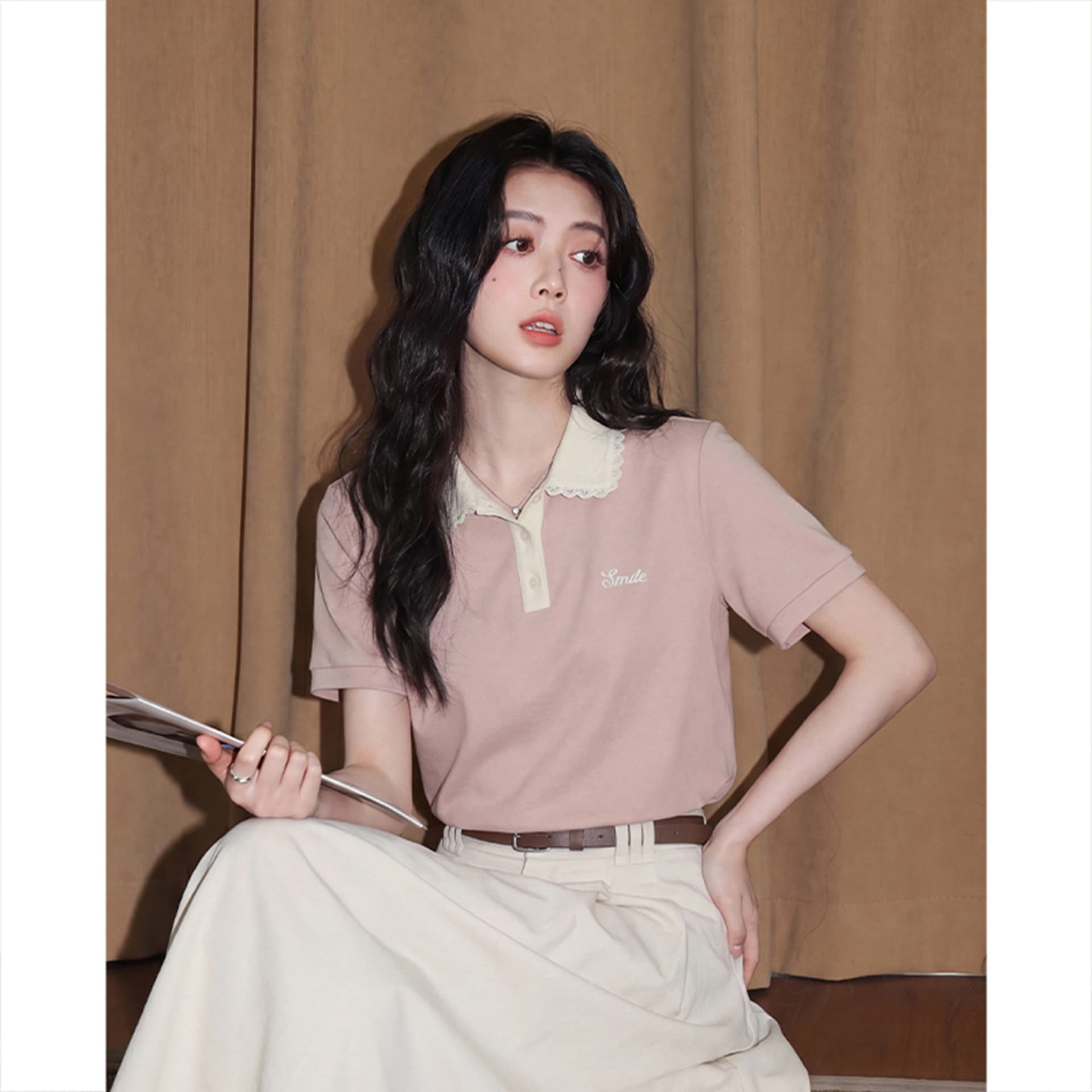 경관 그림 눈꽃 구슬 그라운드 210 그램 반팔 티셔츠 여성 의류 여름 새로운 디자인 센스 자수 POLO 칼라 맨위 상세 이미지 7