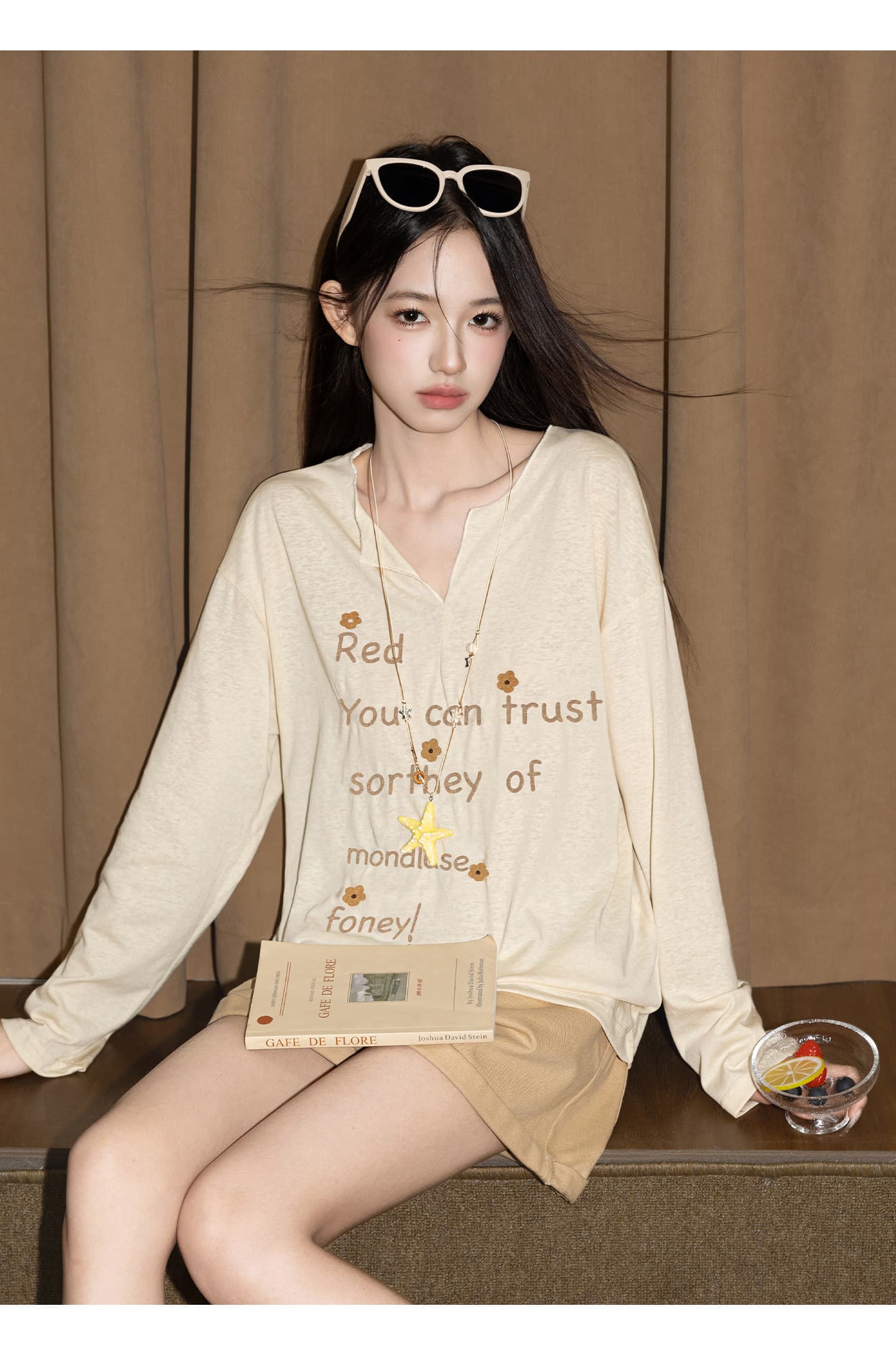 경관 그림 165 그램 눈꽃 면 자외선 차단 의류 여성 의류 여름 새로운 디자인 센스 루즈핏 긴팔 얇은 스타일 V넥 맨위 상세 이미지 11