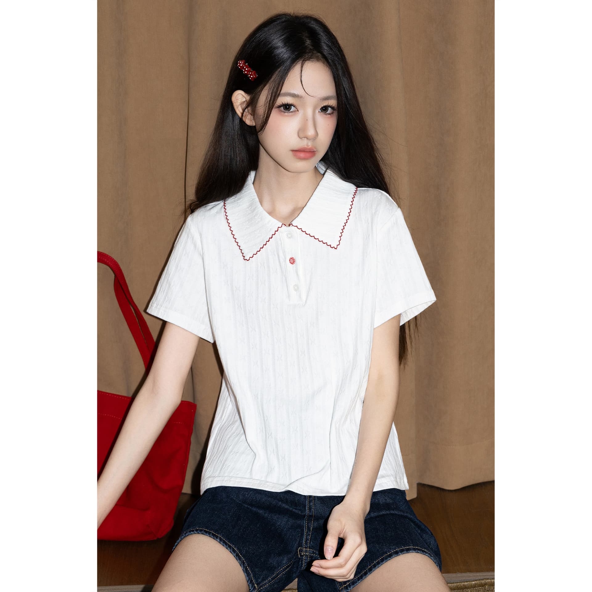 경관 그림 210 그램 자카드 원단 반팔 티셔츠 여성 의류 여름 새로운 한 부서 루즈핏 홀로우 아웃 POLO 칼라 맨위 상세 이미지 2
