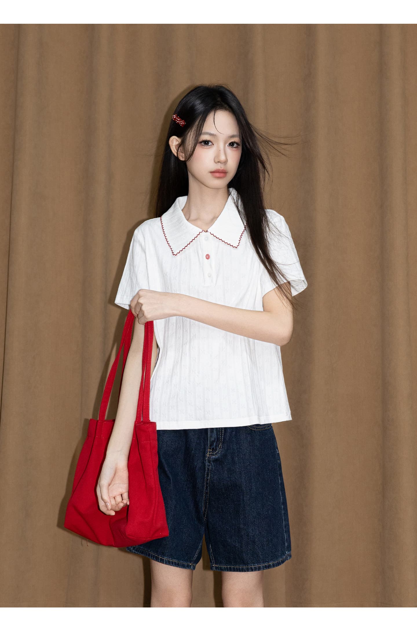 경관 그림 210 그램 자카드 원단 반팔 티셔츠 여성 의류 여름 새로운 한 부서 루즈핏 홀로우 아웃 POLO 칼라 맨위 상세 이미지 11