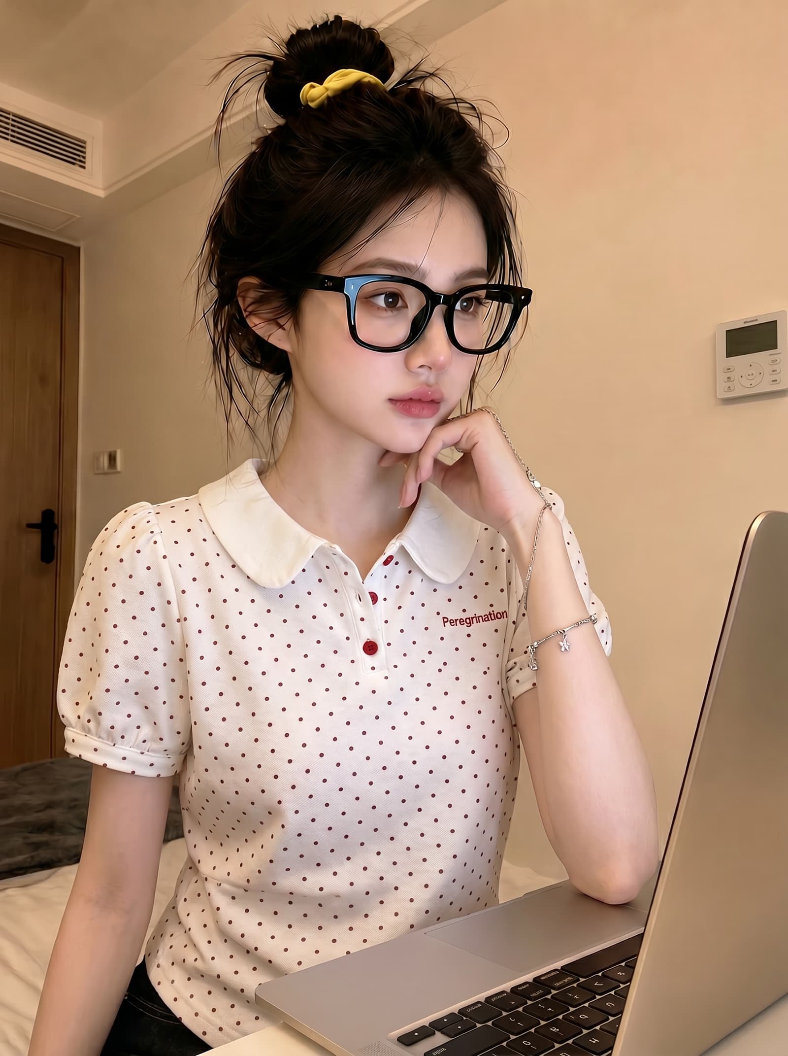 경관 그림 반팔 티셔츠 여성 의류 여름 새로운 디자인 센스 트렌디 공주 소매 도트 무늬 알파벳 베이비 칼라 맨위