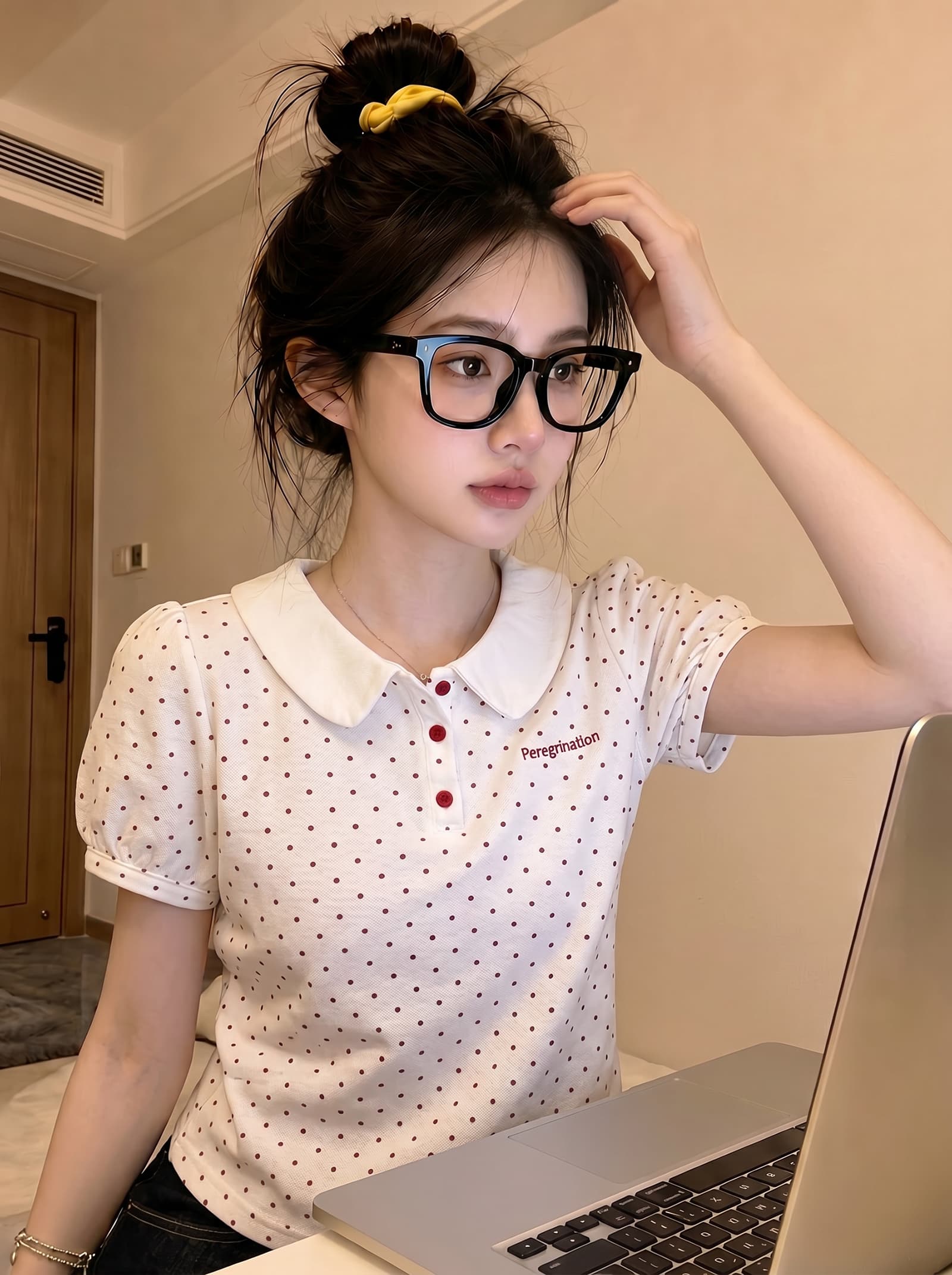 경관 그림 반팔 티셔츠 여성 의류 여름 새로운 디자인 센스 트렌디 공주 소매 도트 무늬 알파벳 베이비 칼라 맨위 이미지 3
