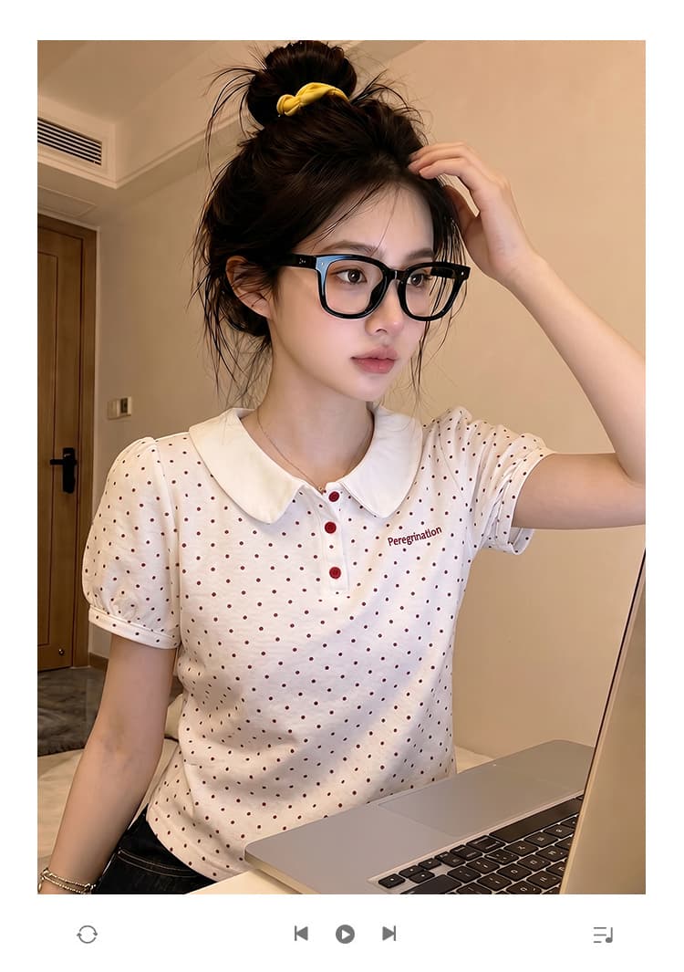경관 그림 반팔 티셔츠 여성 의류 여름 새로운 디자인 센스 트렌디 공주 소매 도트 무늬 알파벳 베이비 칼라 맨위 상세 이미지 1