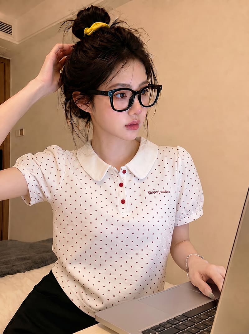경관 그림 반팔 티셔츠 여성 의류 여름 새로운 디자인 센스 트렌디 공주 소매 도트 무늬 알파벳 베이비 칼라 맨위 상세 이미지 7