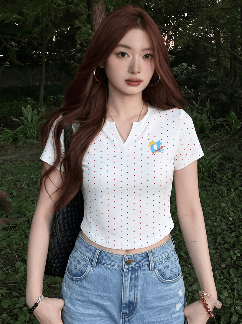 경관 그림 반팔 티셔츠 여성 의류 여름 새로운 디자인 센스 쇼트 스타일 슬림해 보이는 도트 무늬 재미있는 프린트 V넥 맨위 이미지 3