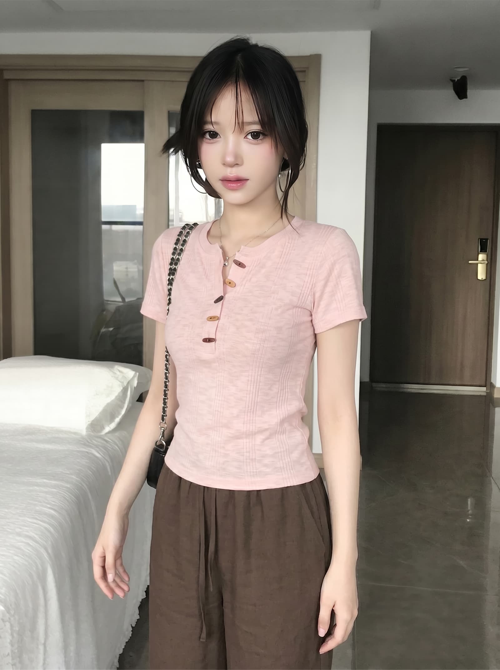 경관 그림 반팔 티셔츠 여성 여름 새로운 디자인 센스 한 부서 작은 샤넬 스타일 슬림해 보이는 소뿔 버클 헨리 칼라 맨위 이미지 4