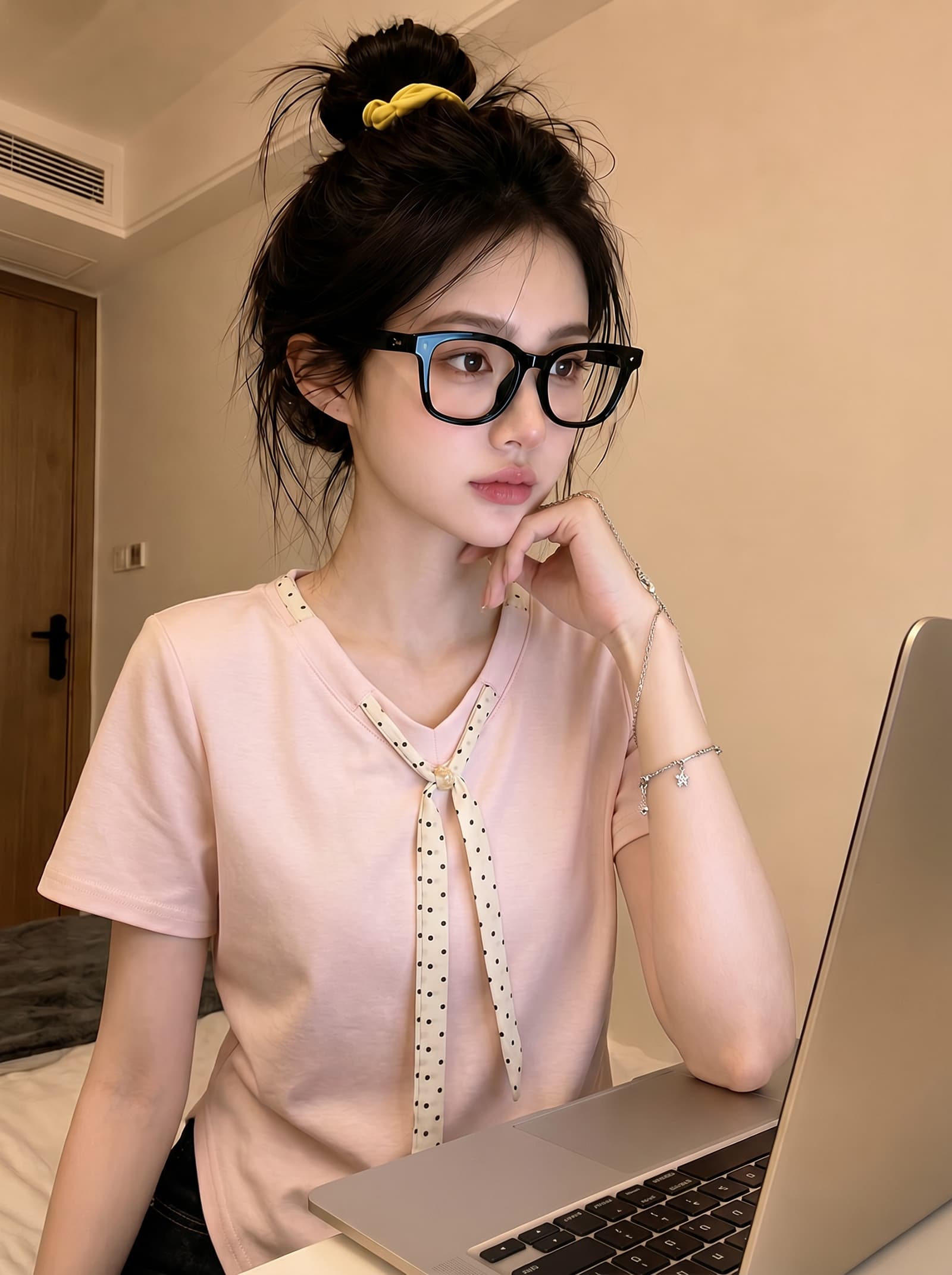 경관 그림 물 부드러운 면 양면 220 그램 반팔 티셔츠 여성 여름 새로운 디자인 센스 도트 무늬 스카프 V넥 맨위 이미지 2