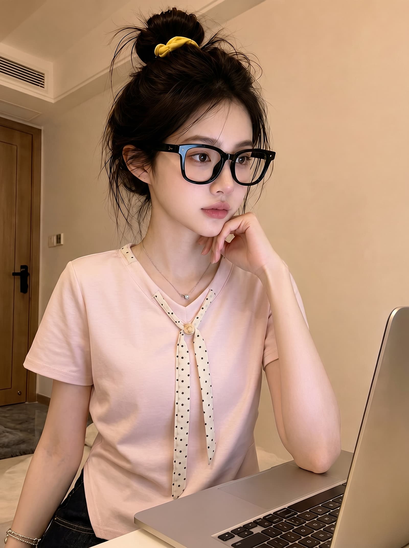 경관 그림 물 부드러운 면 양면 220 그램 반팔 티셔츠 여성 여름 새로운 디자인 센스 도트 무늬 스카프 V넥 맨위 이미지 3