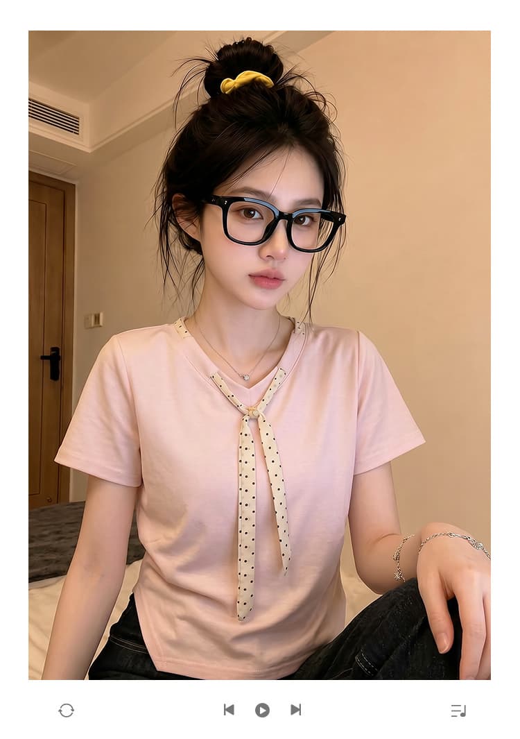 경관 그림 물 부드러운 면 양면 220 그램 반팔 티셔츠 여성 여름 새로운 디자인 센스 도트 무늬 스카프 V넥 맨위 상세 이미지 1