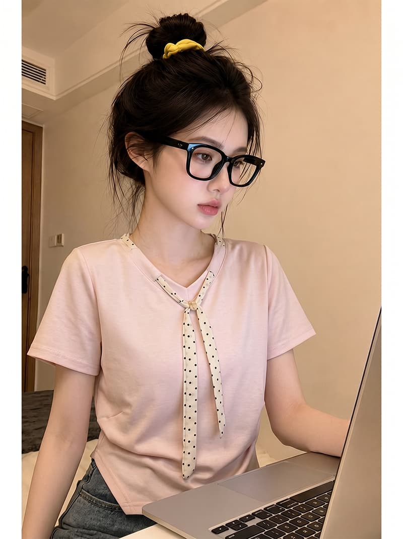 경관 그림 물 부드러운 면 양면 220 그램 반팔 티셔츠 여성 여름 새로운 디자인 센스 도트 무늬 스카프 V넥 맨위 상세 이미지 8