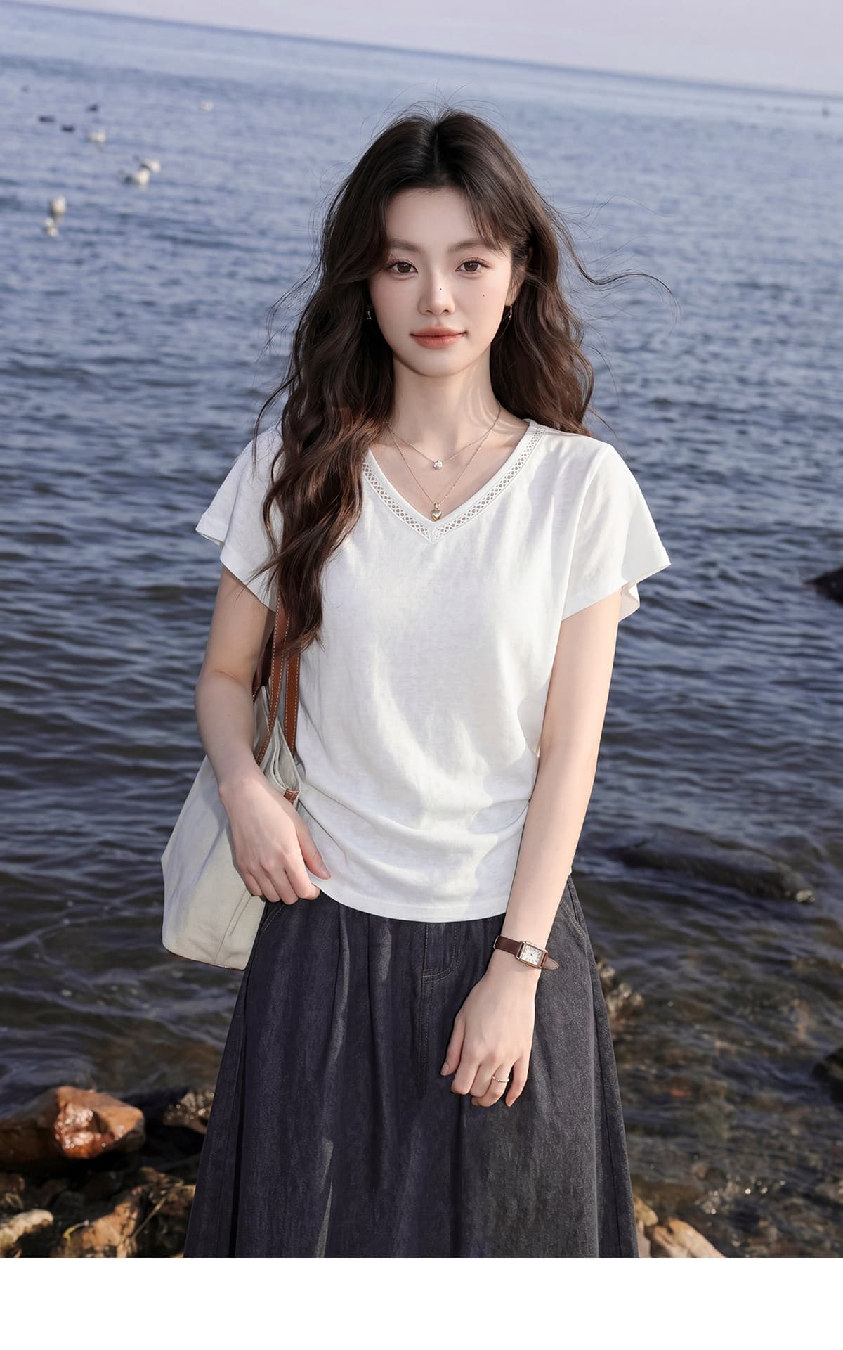 경관 그림 165 그램 눈꽃 면 반팔 티셔츠 여성 여름 새로운 한 부서 디자인 센스 홀로우 아웃 단색 V넥 맨위 상세 이미지 7