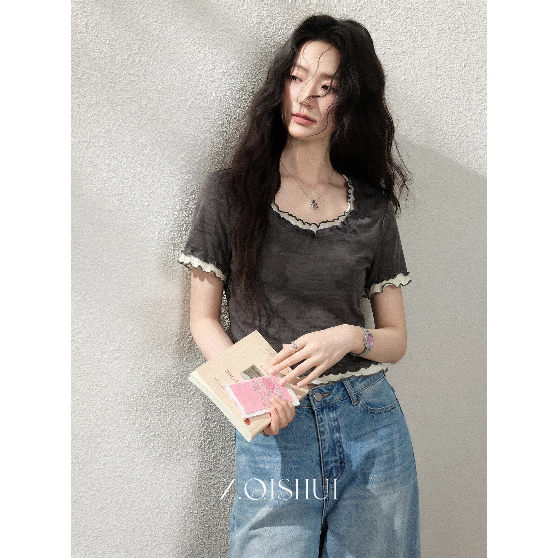 경관 그림 1 1 순면 리브 210 그램 반팔 티셔츠 여성 여름 쇼트 스타일 프릴 페이크 레이어드 라운드 넥 맨위 이미지 3