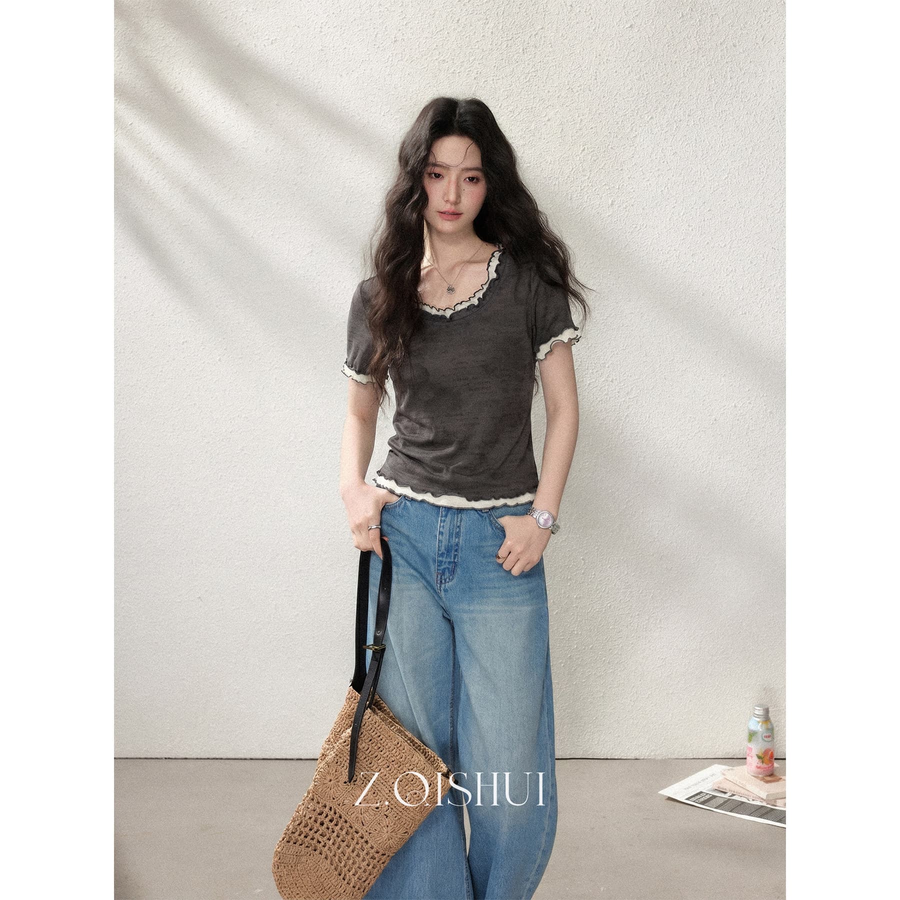 경관 그림 1 1 순면 리브 210 그램 반팔 티셔츠 여성 여름 쇼트 스타일 프릴 페이크 레이어드 라운드 넥 맨위 이미지 2