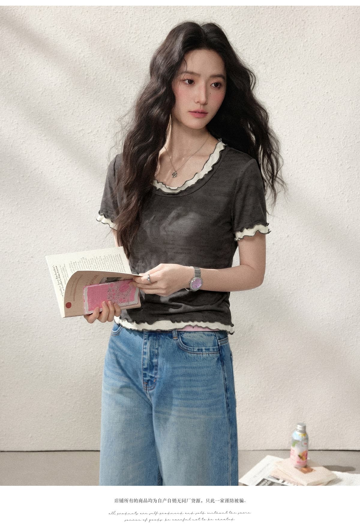 경관 그림 1 1 순면 리브 210 그램 반팔 티셔츠 여성 여름 쇼트 스타일 프릴 페이크 레이어드 라운드 넥 맨위 상세 이미지 15
