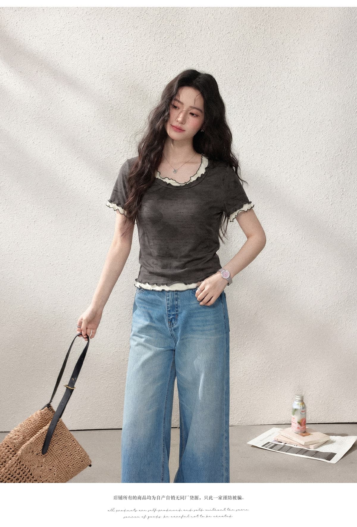 경관 그림 1 1 순면 리브 210 그램 반팔 티셔츠 여성 여름 쇼트 스타일 프릴 페이크 레이어드 라운드 넥 맨위 상세 이미지 16
