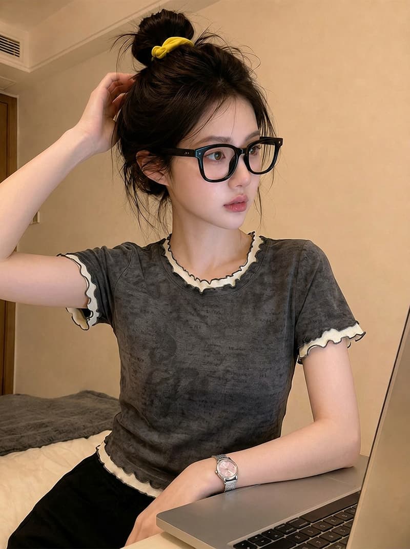 경관 그림 1 1 순면 리브 210 그램 반팔 티셔츠 여성 여름 쇼트 스타일 프릴 페이크 레이어드 라운드 넥 맨위 이미지 4