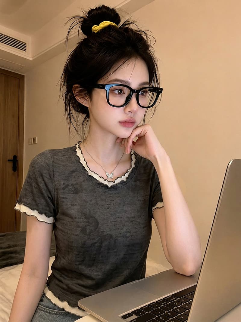 경관 그림 1 1 순면 리브 210 그램 반팔 티셔츠 여성 여름 쇼트 스타일 프릴 페이크 레이어드 라운드 넥 맨위 이미지 3