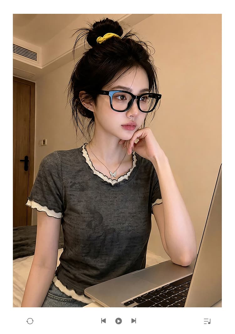 경관 그림 1 1 순면 리브 210 그램 반팔 티셔츠 여성 여름 쇼트 스타일 프릴 페이크 레이어드 라운드 넥 맨위 상세 이미지 1