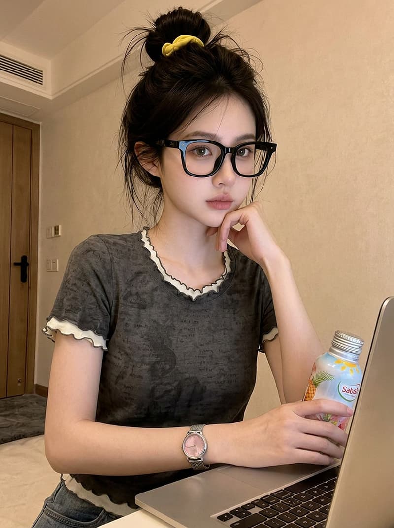 경관 그림 1 1 순면 리브 210 그램 반팔 티셔츠 여성 여름 쇼트 스타일 프릴 페이크 레이어드 라운드 넥 맨위 상세 이미지 7