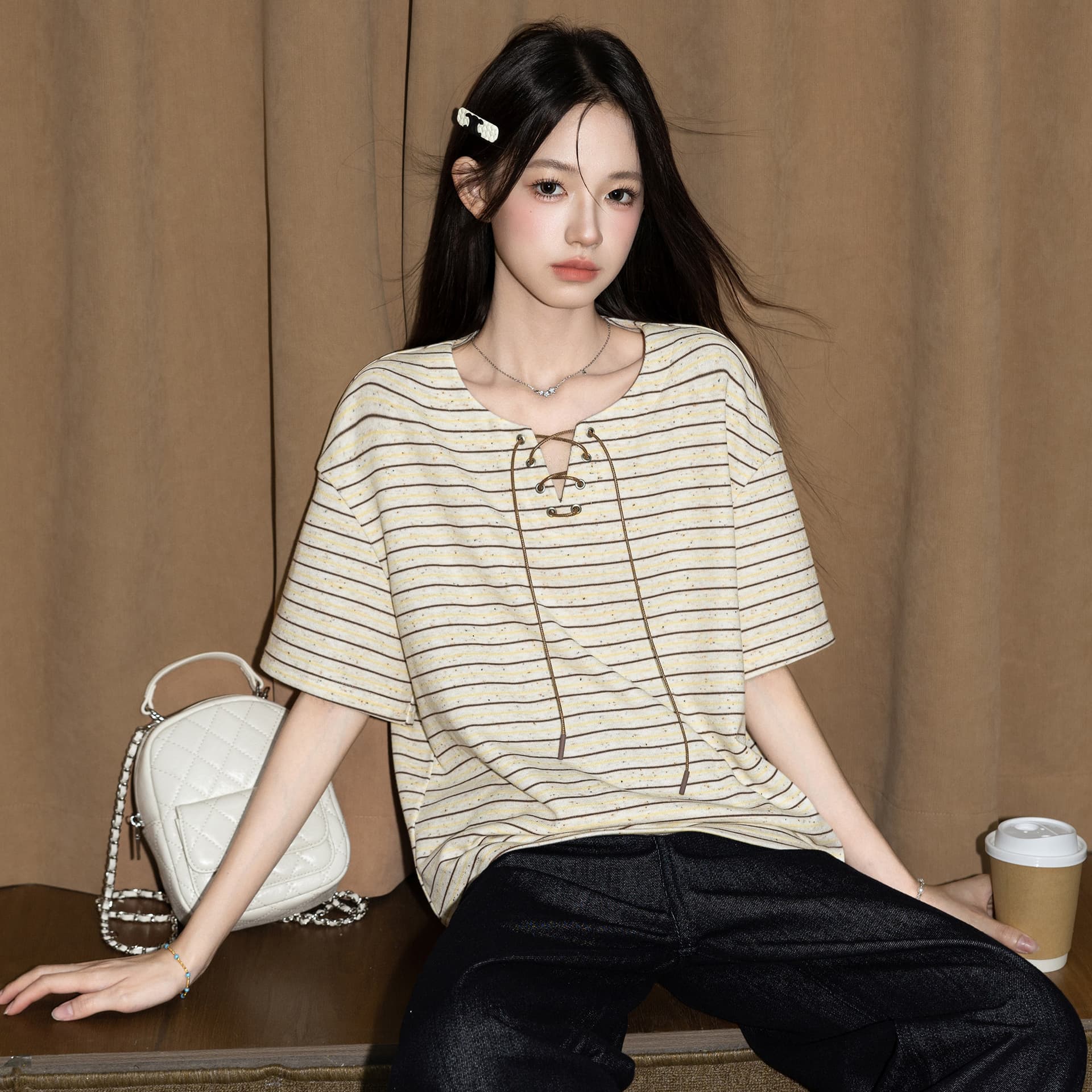 경관 그림 원본 260 그램 반팔 티셔츠 여성 의류 여름 새로운 한 부서 스트랩 아메리칸 스트라이프 V넥 맨위