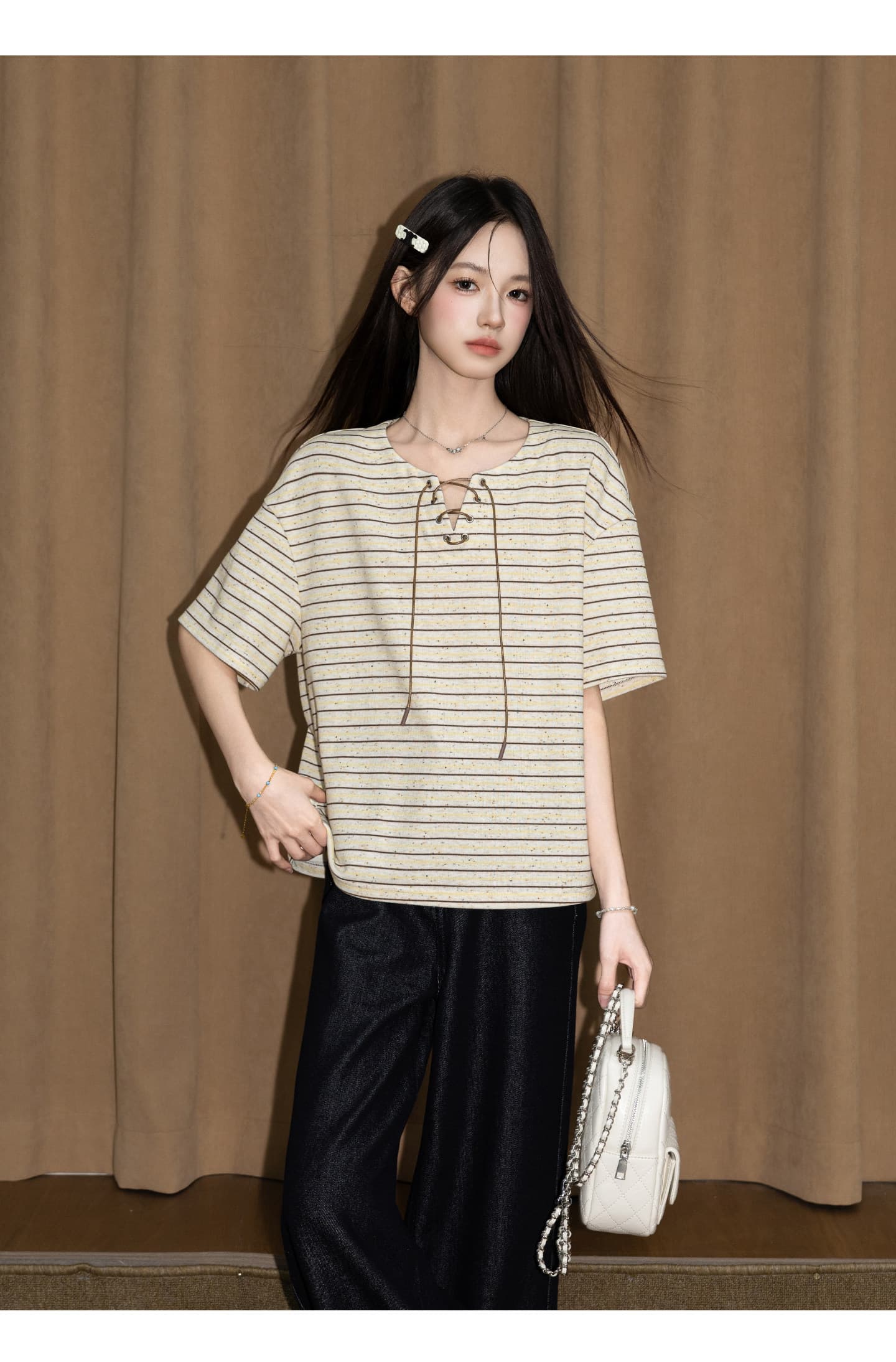 경관 그림 원본 260 그램 반팔 티셔츠 여성 의류 여름 새로운 한 부서 스트랩 아메리칸 스트라이프 V넥 맨위 상세 이미지 13