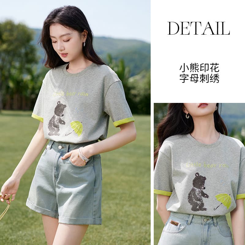 경관 그림 더블 색상 양면 200그램 반팔 티셔츠 여성 의류 여름 새로운 한 부서 배색 테두리 라운드 넥 맨위 이미지 4
