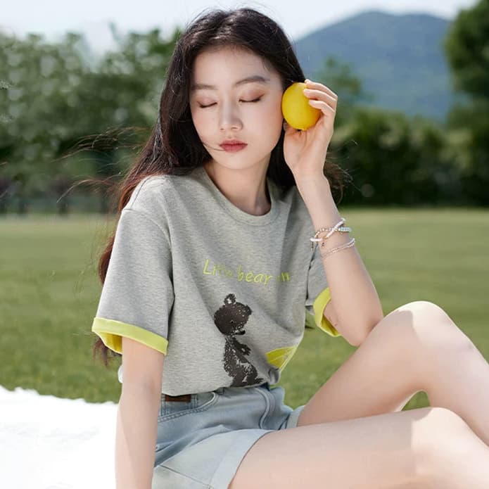 경관 그림 더블 색상 양면 200그램 반팔 티셔츠 여성 의류 여름 새로운 한 부서 배색 테두리 라운드 넥 맨위 상세 이미지 2