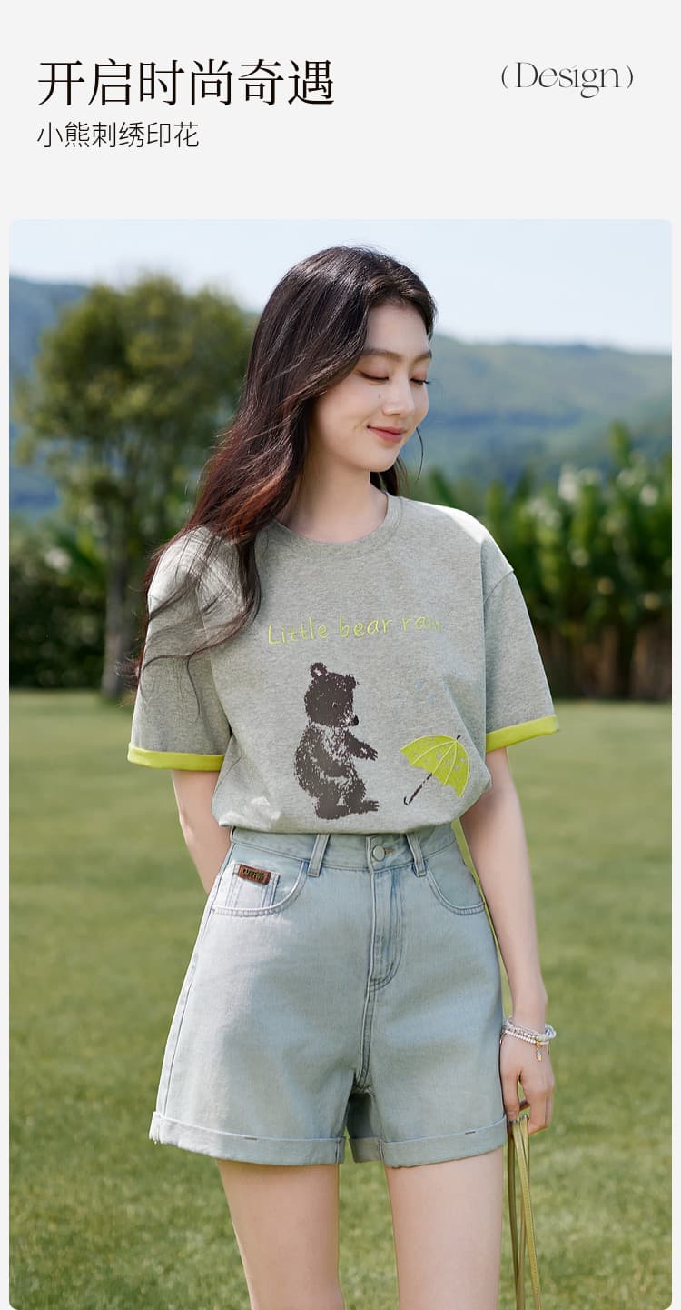 경관 그림 더블 색상 양면 200그램 반팔 티셔츠 여성 의류 여름 새로운 한 부서 배색 테두리 라운드 넥 맨위 상세 이미지 11
