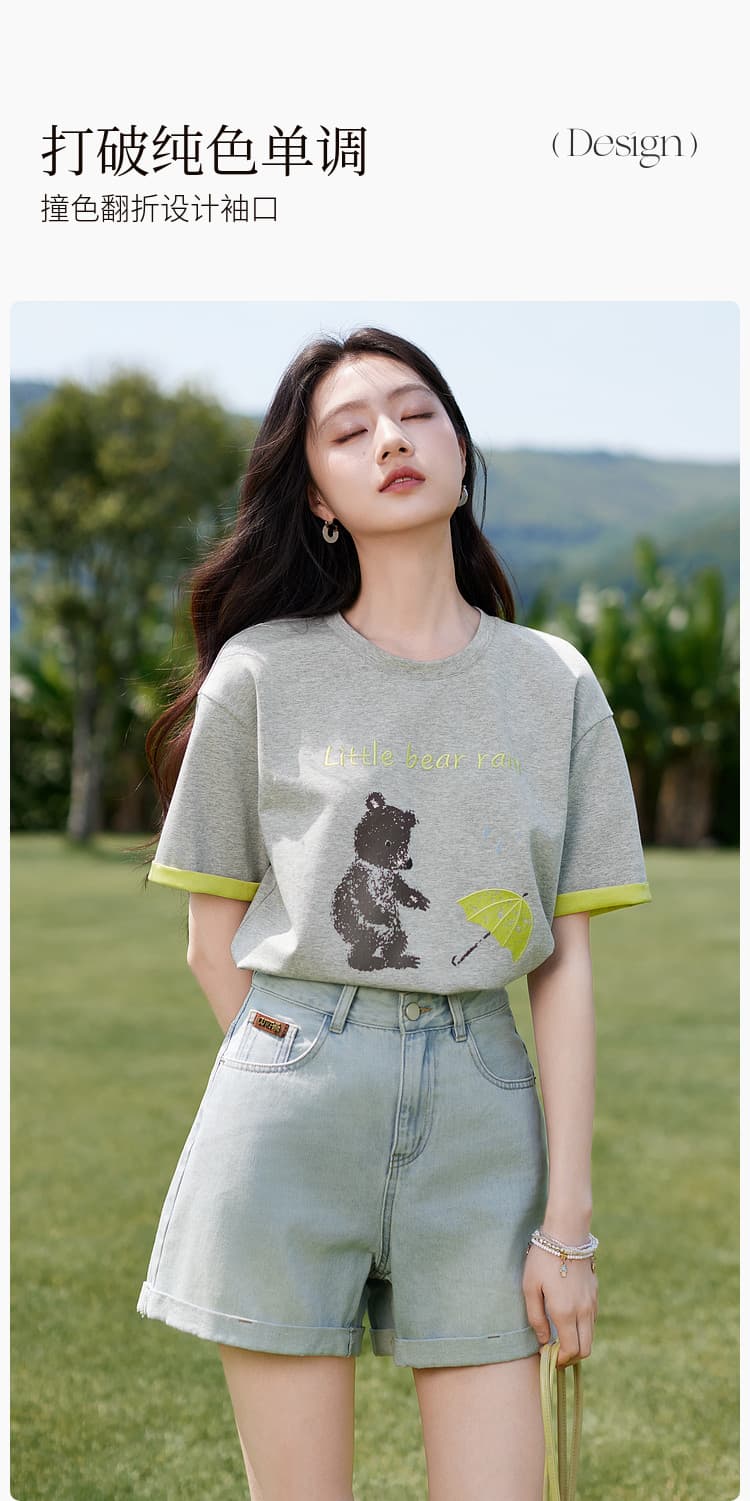 경관 그림 더블 색상 양면 200그램 반팔 티셔츠 여성 의류 여름 새로운 한 부서 배색 테두리 라운드 넥 맨위 상세 이미지 13
