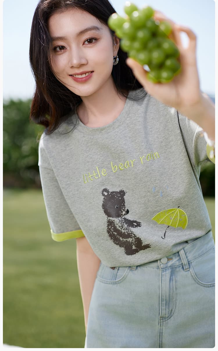경관 그림 더블 색상 양면 200그램 반팔 티셔츠 여성 의류 여름 새로운 한 부서 배색 테두리 라운드 넥 맨위 상세 이미지 19