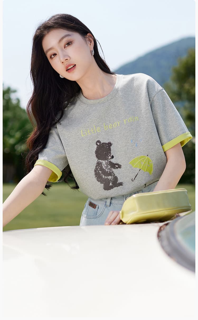 경관 그림 더블 색상 양면 200그램 반팔 티셔츠 여성 의류 여름 새로운 한 부서 배색 테두리 라운드 넥 맨위 상세 이미지 20