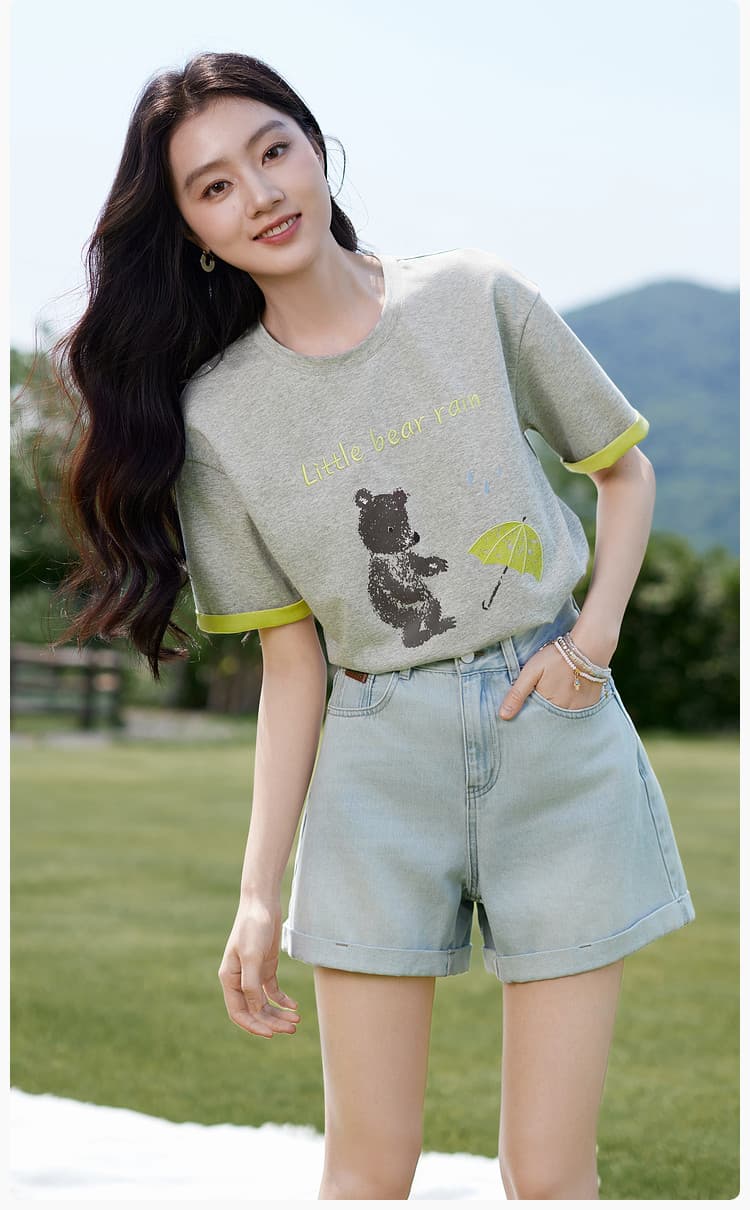 경관 그림 더블 색상 양면 200그램 반팔 티셔츠 여성 의류 여름 새로운 한 부서 배색 테두리 라운드 넥 맨위 상세 이미지 21