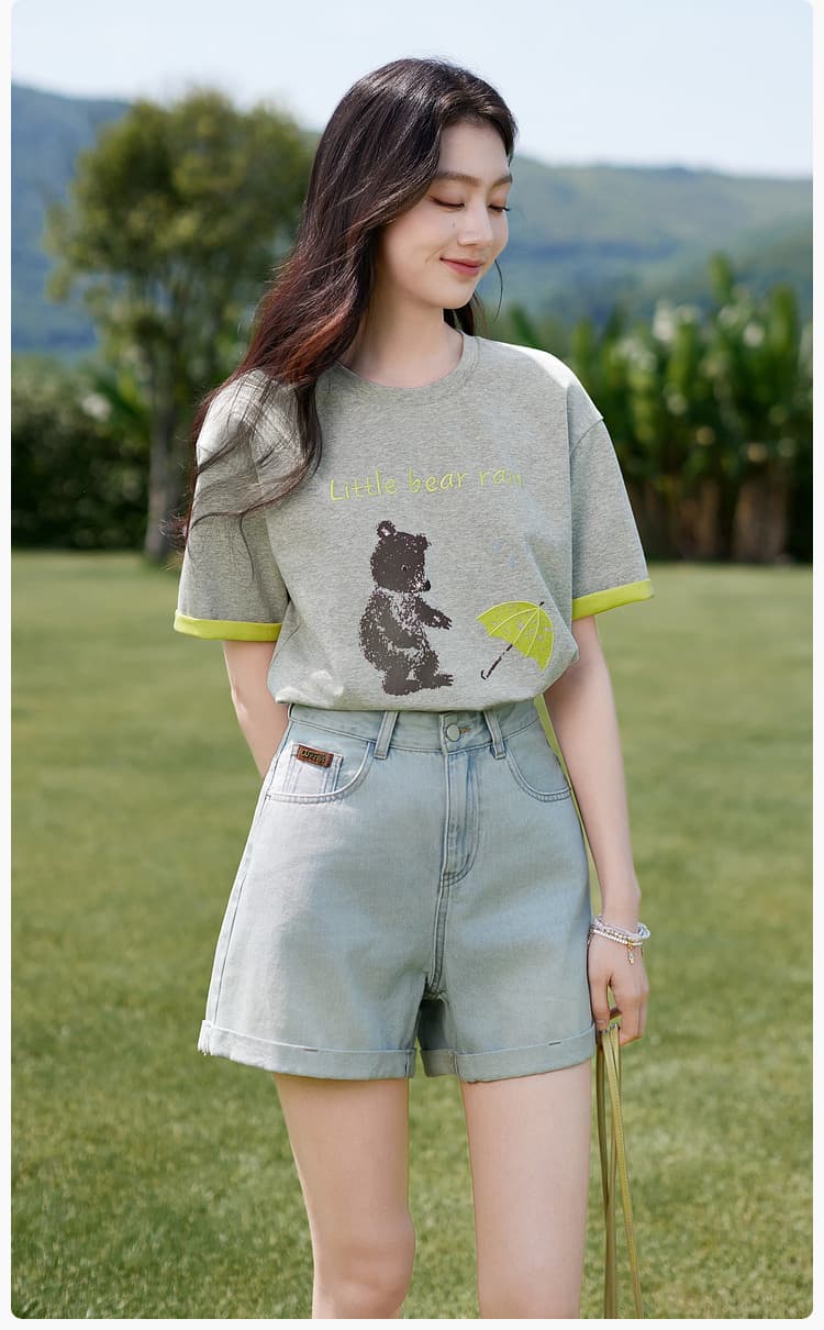 경관 그림 더블 색상 양면 200그램 반팔 티셔츠 여성 의류 여름 새로운 한 부서 배색 테두리 라운드 넥 맨위 상세 이미지 23