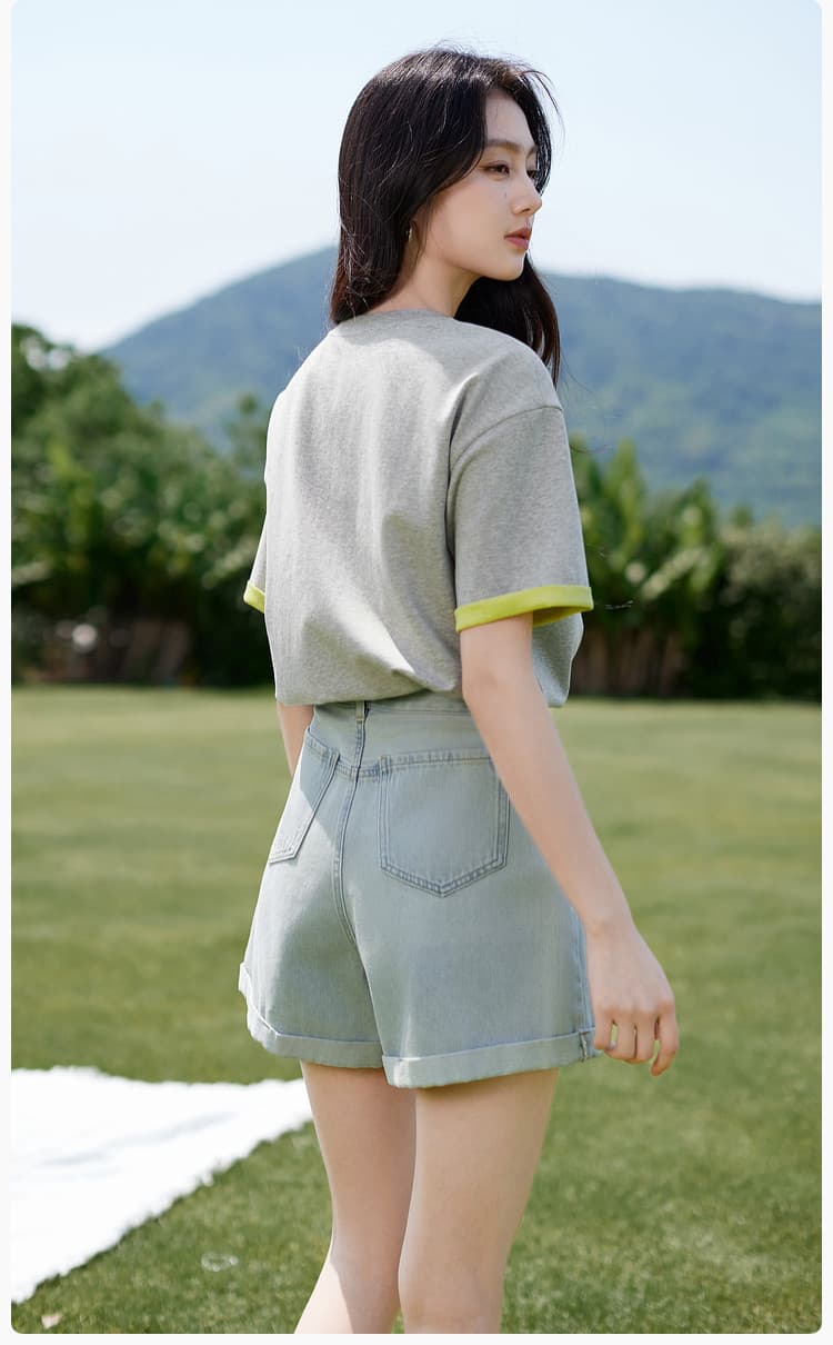 경관 그림 더블 색상 양면 200그램 반팔 티셔츠 여성 의류 여름 새로운 한 부서 배색 테두리 라운드 넥 맨위 상세 이미지 24