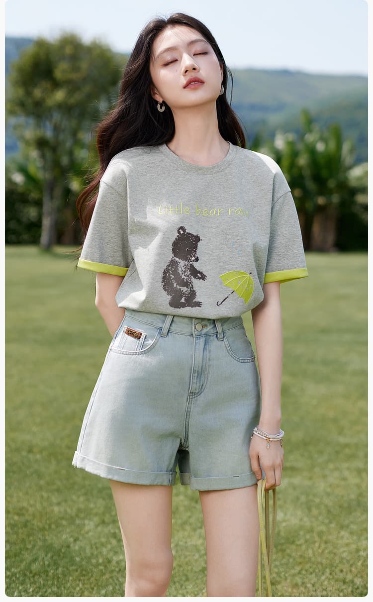 경관 그림 더블 색상 양면 200그램 반팔 티셔츠 여성 의류 여름 새로운 한 부서 배색 테두리 라운드 넥 맨위 상세 이미지 25