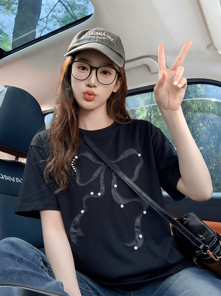 경관 그림 반팔 티셔츠 여성 의류 여름 새로운 루즈핏 작은 샤넬 스타일 수공 비즈 가시 자수 라운드 넥 맨위