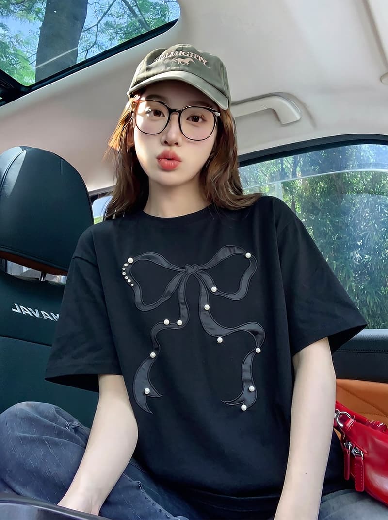 경관 그림 반팔 티셔츠 여성 의류 여름 새로운 루즈핏 작은 샤넬 스타일 수공 비즈 가시 자수 라운드 넥 맨위 상세 이미지 7