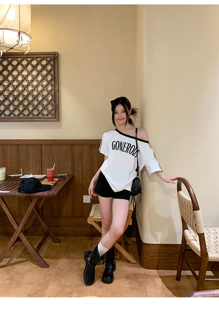 경관 그림 220 그램 순면 반팔 티셔츠 여성 의류 여름 새로운 루즈핏 한 부서 오프숄더 배색 비스듬한 칼라 맨위 상세 이미지 12