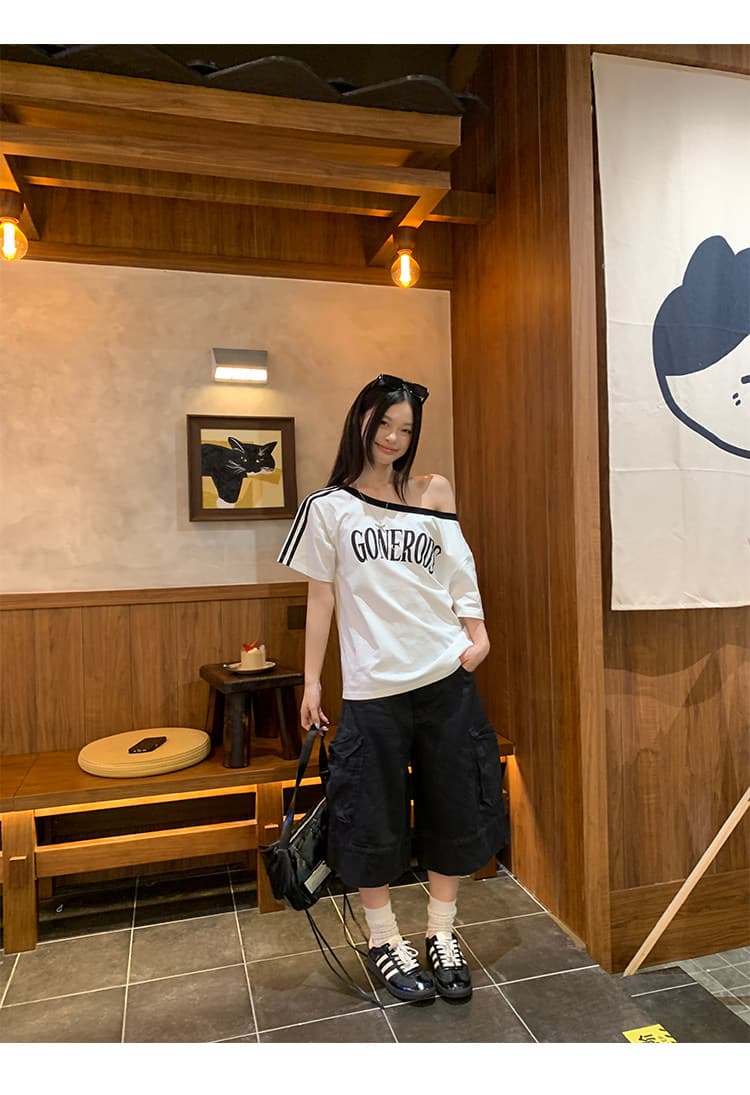 경관 그림 220 그램 순면 반팔 티셔츠 여성 의류 여름 새로운 루즈핏 한 부서 오프숄더 배색 비스듬한 칼라 맨위 상세 이미지 18