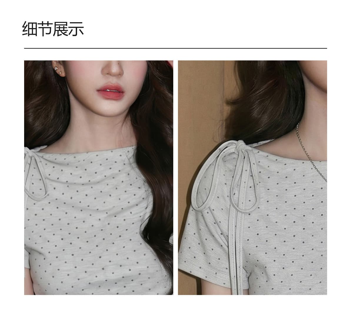 경관 그림 반팔 티셔츠 여성 의류 여름 새로운 트렌디 한 부서 디자인 센스 도트 무늬 몸매 가꾸기 슬림해 보이는 라운드 넥 맨위 상세 이미지 10
