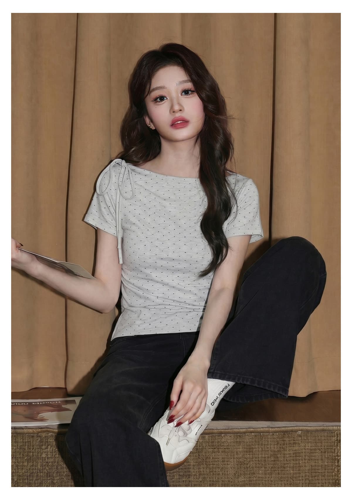 경관 그림 반팔 티셔츠 여성 의류 여름 새로운 트렌디 한 부서 디자인 센스 도트 무늬 몸매 가꾸기 슬림해 보이는 라운드 넥 맨위 상세 이미지 14